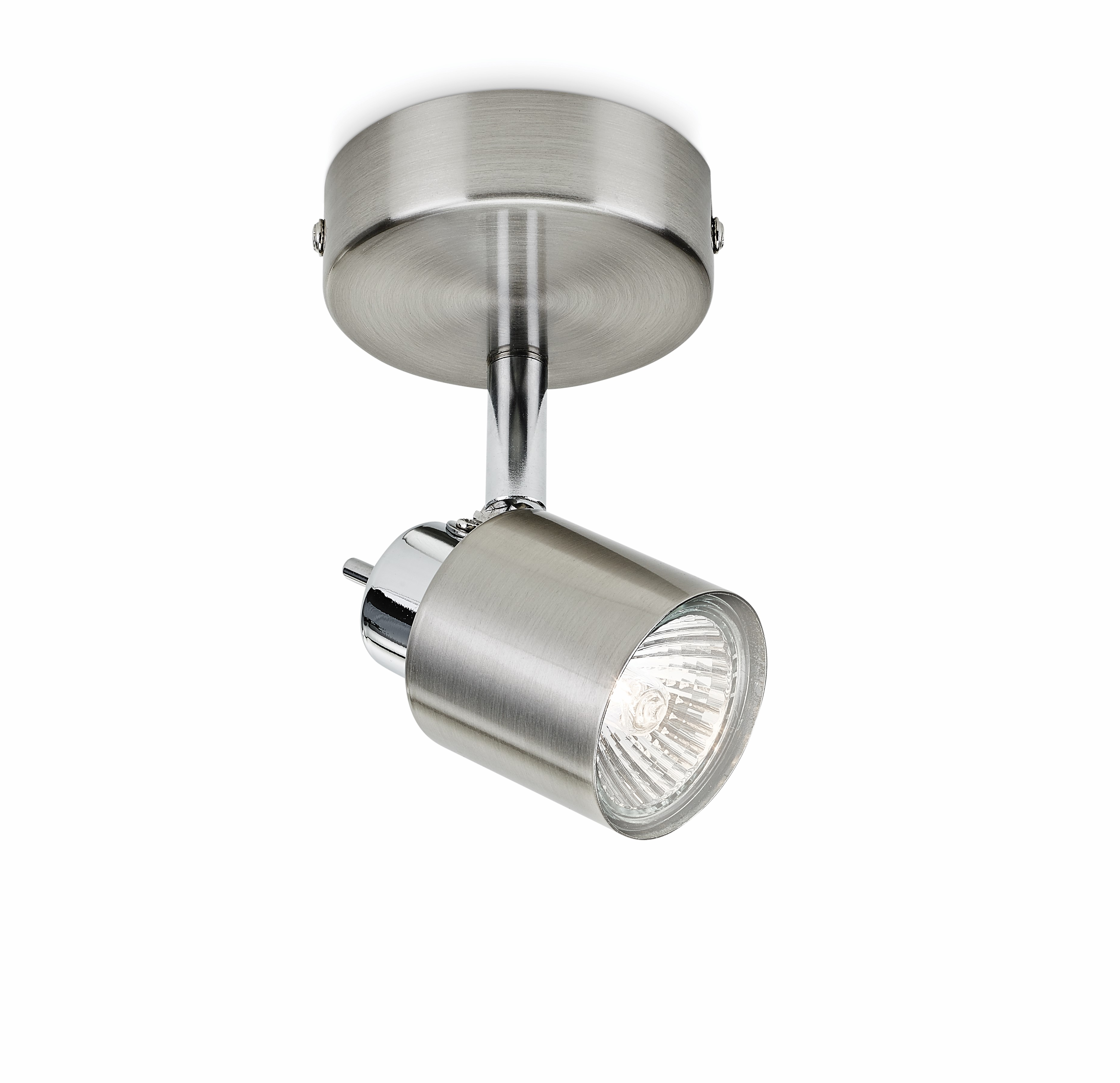 Metallic spotlight on a white background. It's round with a focused light beam.