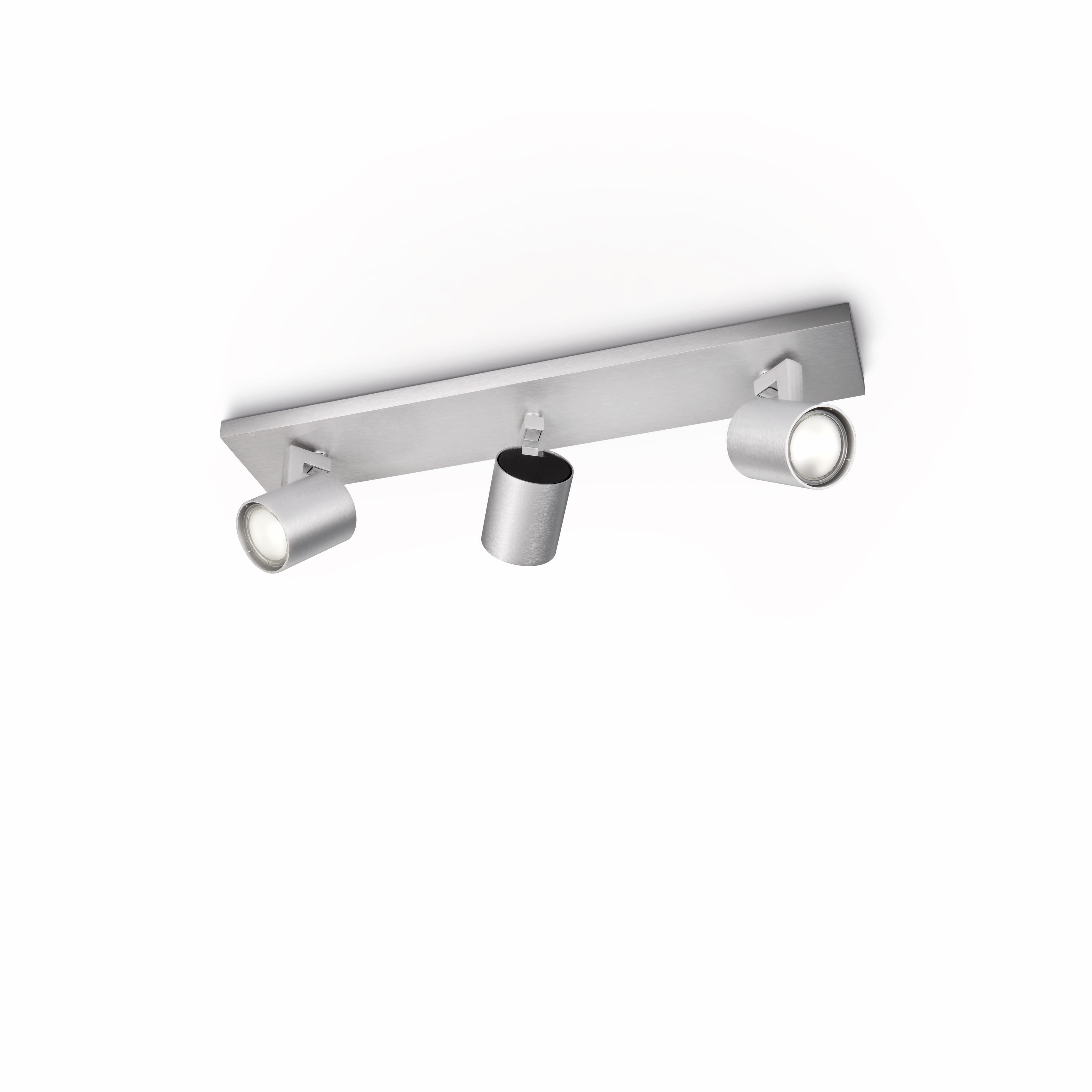 Silver track lighting with three adjustable spotlights on a white ceiling.