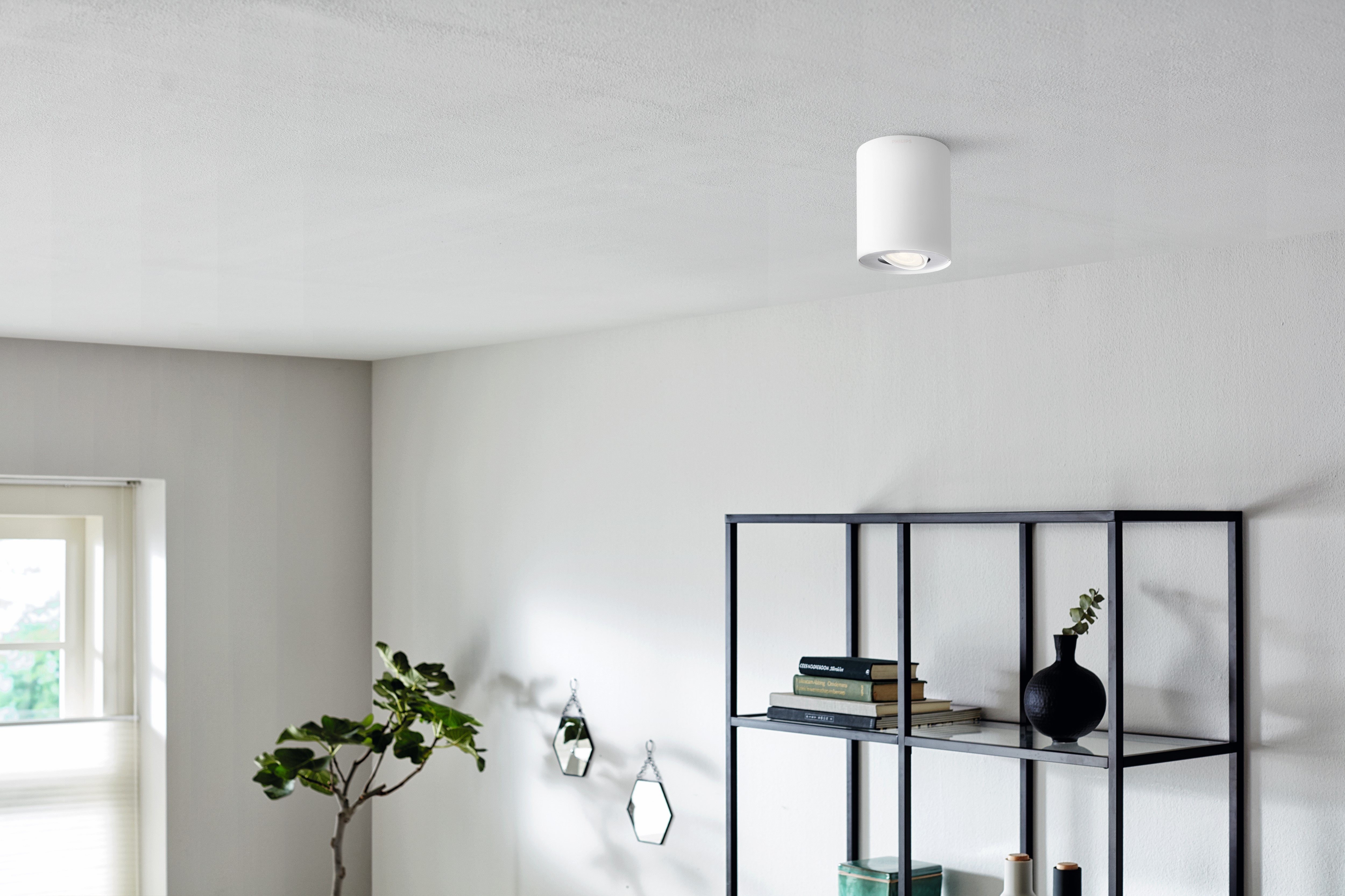 White ceiling light fixture, white walls, and a black shelf with decor.