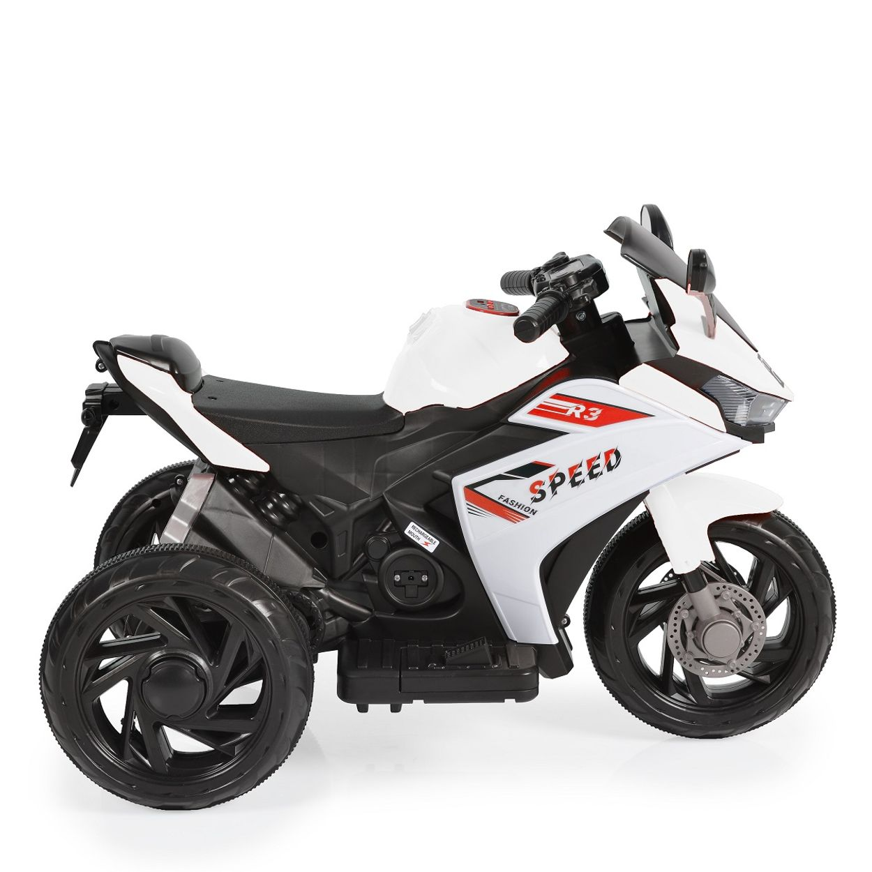 Weißes und rotes Spielzeugmotorrad mit drei Rädern auf weißem Hintergrund. Text 'SPEED' an der Seite.