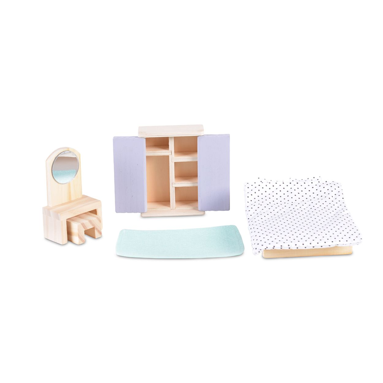 Ein Puppenhaus-Schlafzimmer mit Schminktisch, Schrank und Bett.