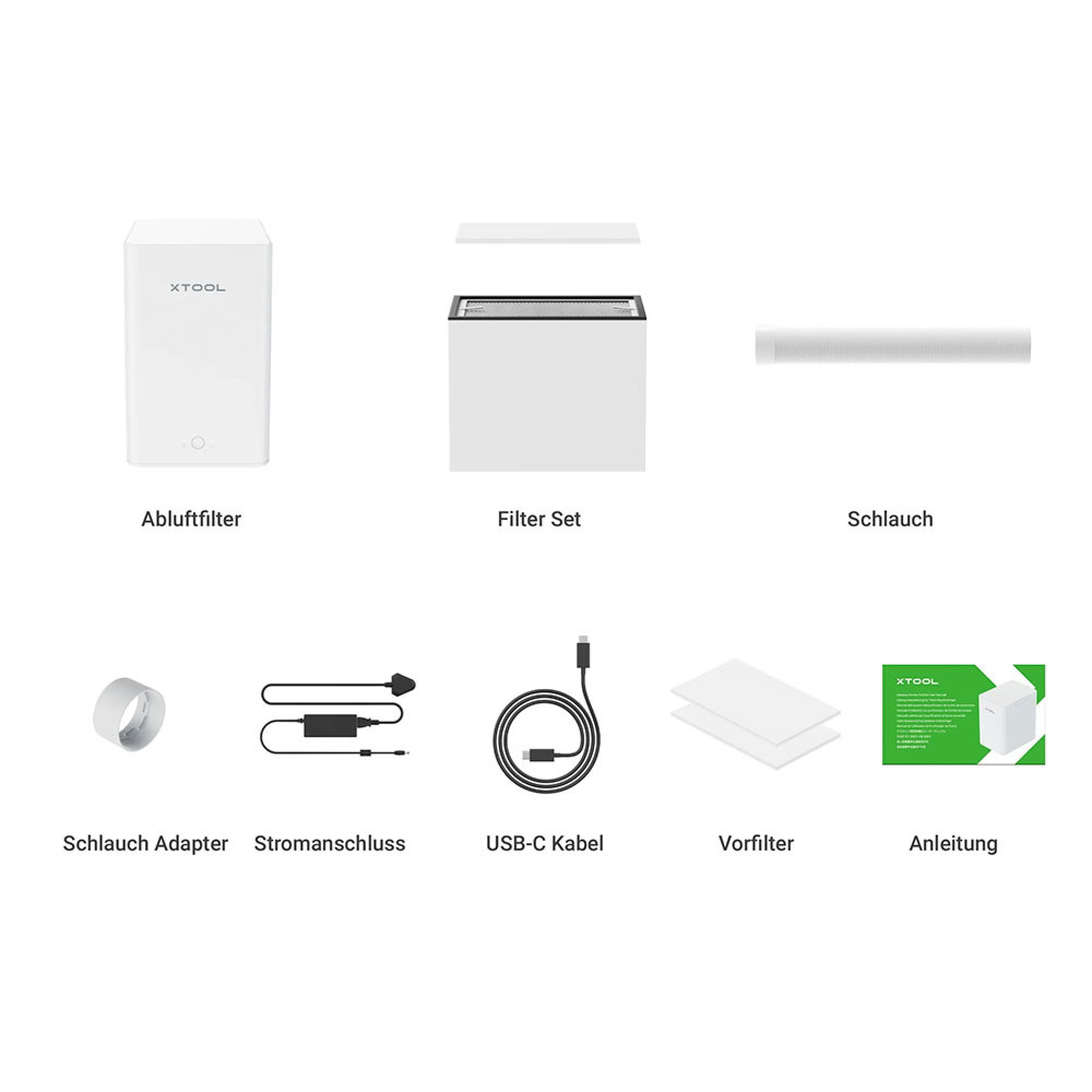 Weiße XTOOL-Luftfilterkomponenten: Filter, Schlauch, Adapter, Strom, USB-Kabel, Vorfilter und Anweisungen.