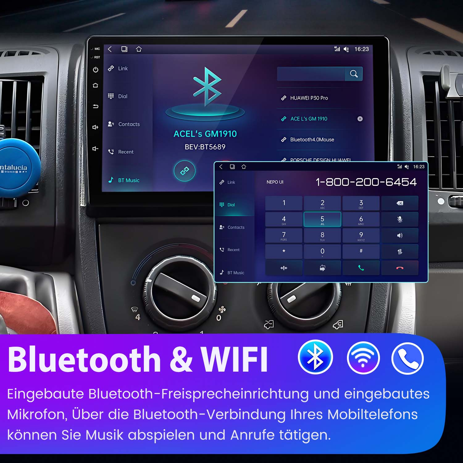 Ekran deski rozdzielczej samochodu wyświetlający menu telefonu z ikonami Bluetooth i Wi-Fi oraz przyciskami numerycznymi.