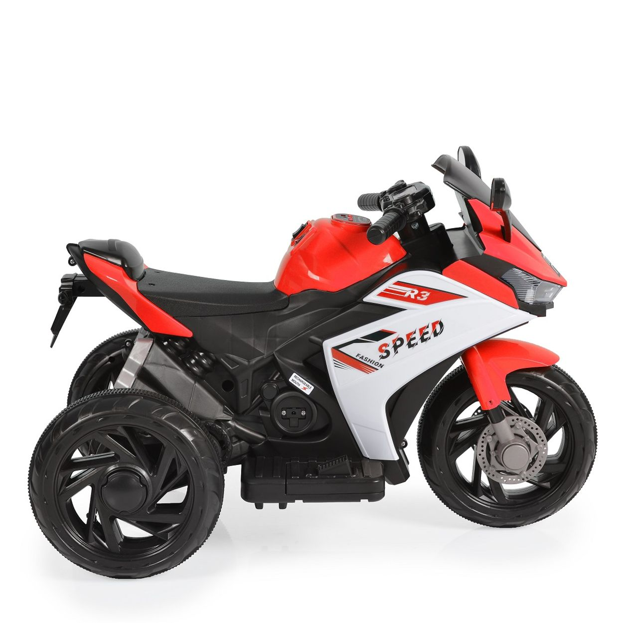 Ein rot-weißes Spielzeugmotorrad mit drei Rädern.
