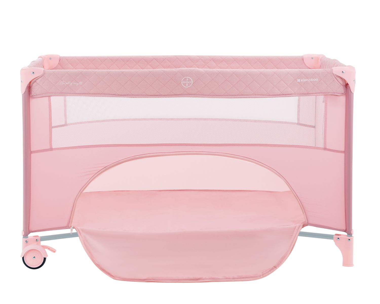Rosa Baby-Reisebett mit Netzseiten und faltbarem Boden. Räder sind links.