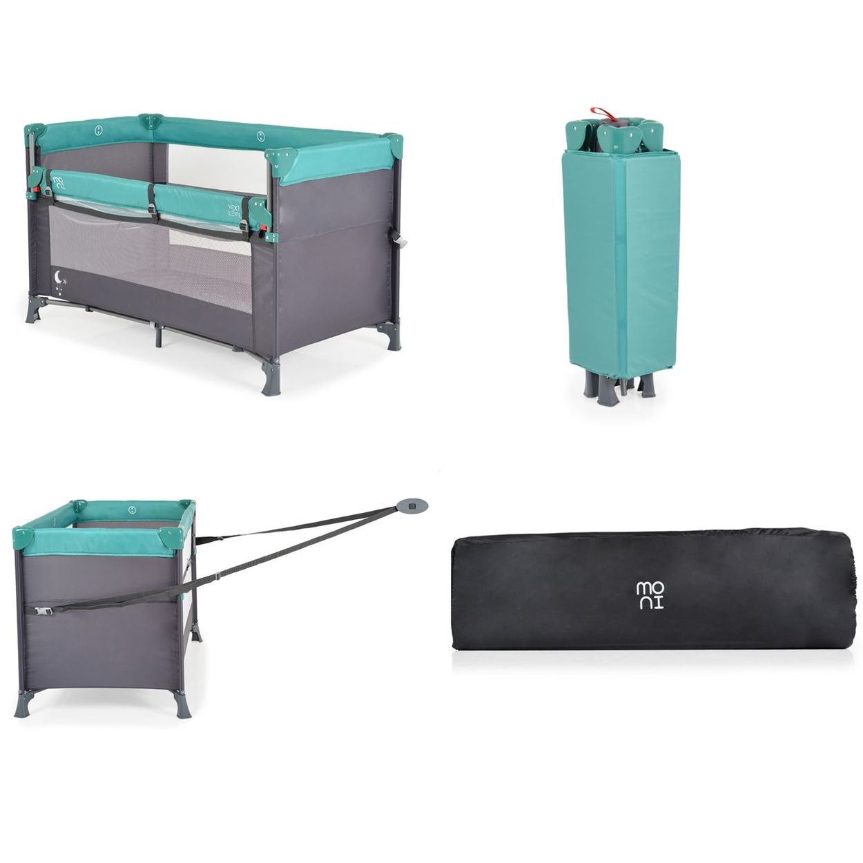 Mehrere Ansichten eines grauen und tealfarbenen Baby-Reisebetts. Enthält Bett, zusammengeklapptes Bett und eine Tragetasche.