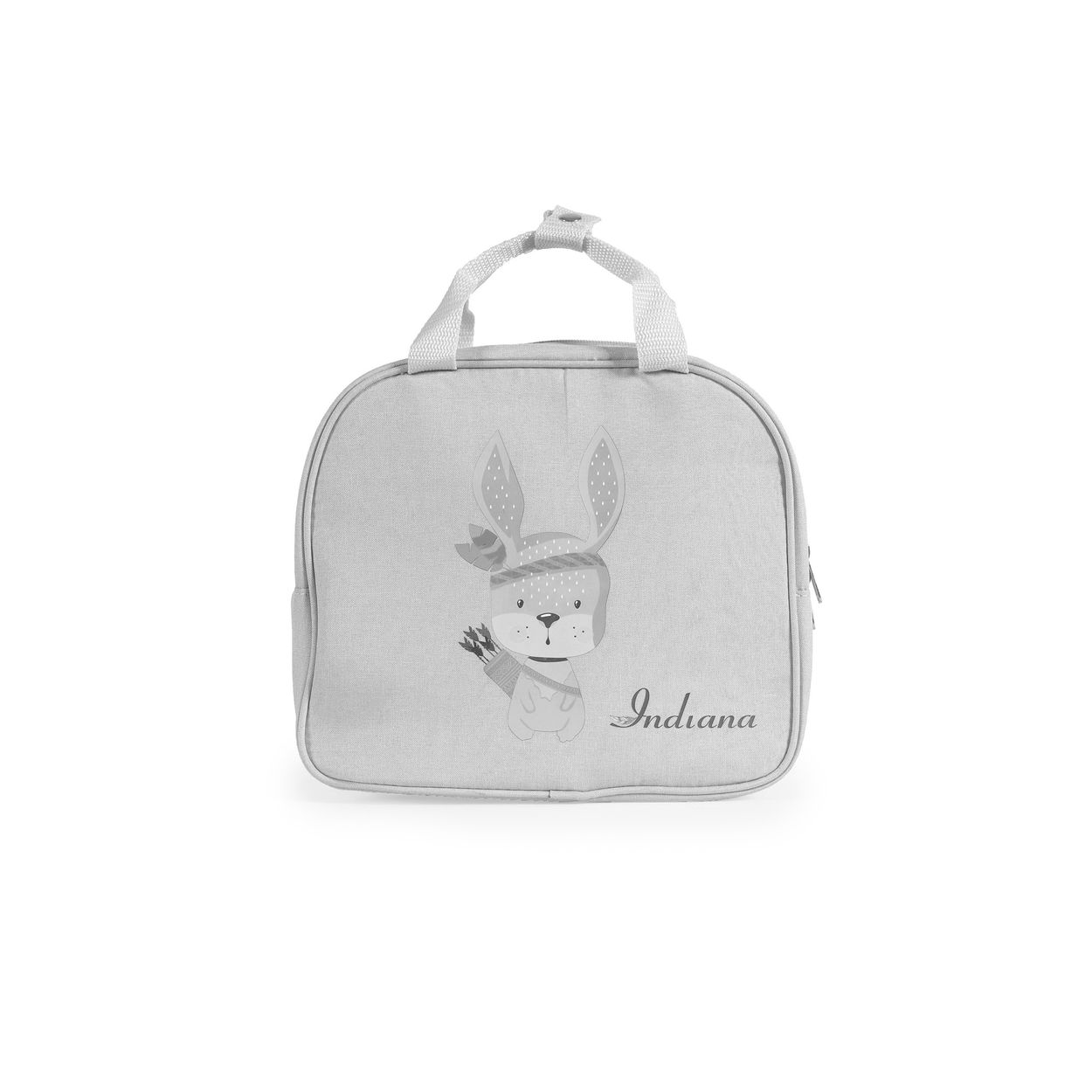 Eine hellgraue Babytasche mit einem Cartoon-Hasen-Aufdruck.