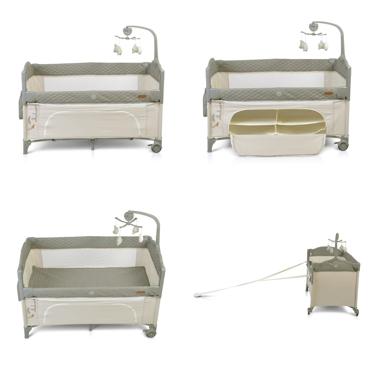Mehrere Ansichten eines Babybetts mit Mobile und Stauraum. Das Bett ist beige mit grauen Akzenten.