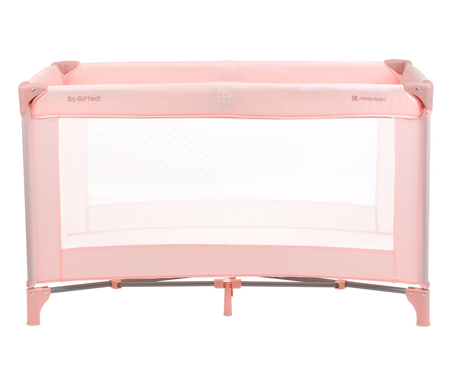 Rosa Baby-Laufstall mit Mesh-Seiten, weißer Hintergrund.
