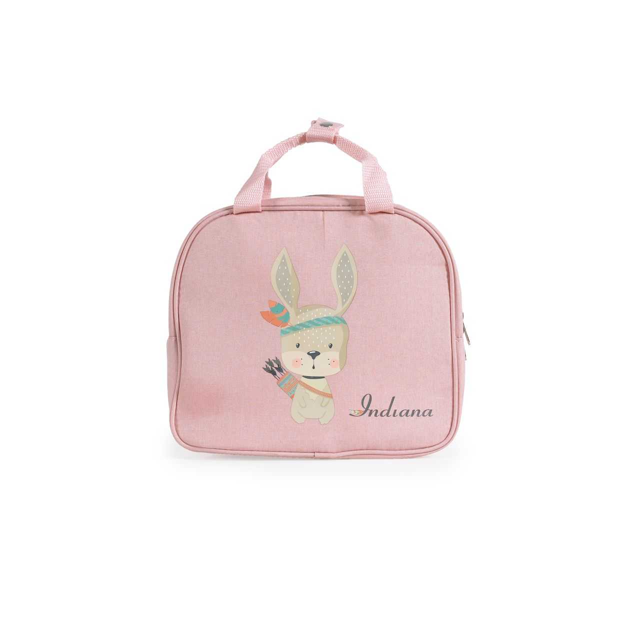 Rosa Reisetasche mit Hasen-Design und Griff. Das Wort "Indiana" steht darauf.