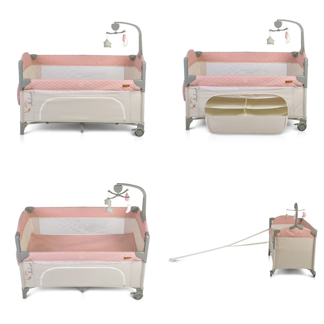Mehrere Ansichten eines rosa-weißen Babybetts mit Mobile und Stauraum.