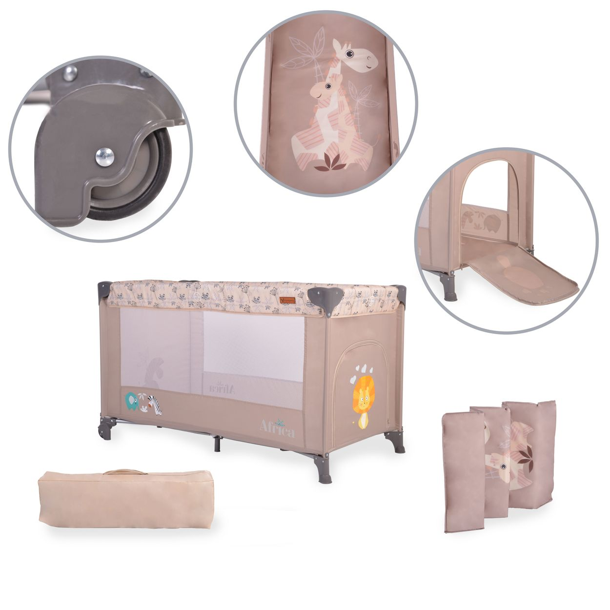 Baby-Reisebett mit Giraffen-Design und zusätzlichem Zubehör, auf weißem Hintergrund.