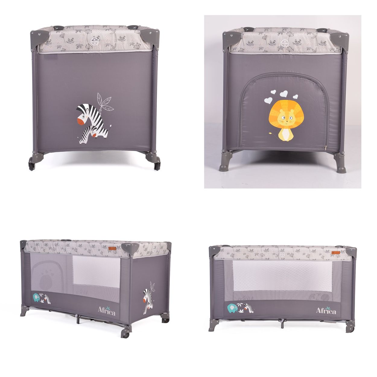 Vier Bilder eines grau-weißen Baby-Laufstalls mit Tierillustrationen.