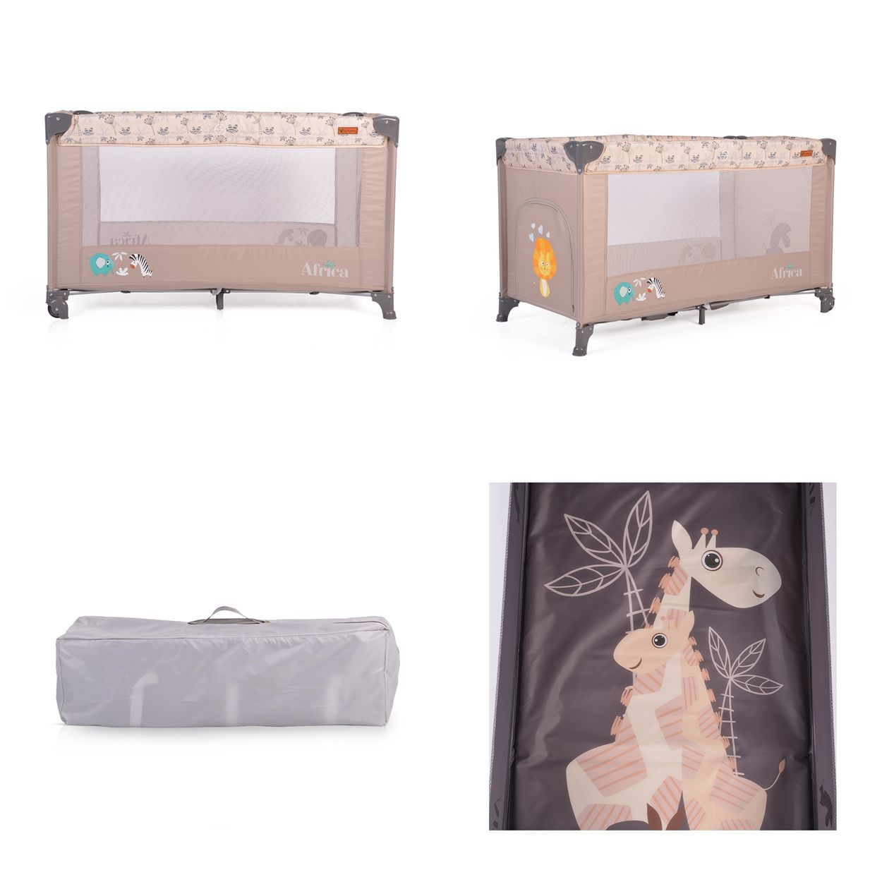 Laufstall mit Tieraufklebern. Beige Mesh-Seiten. Eine graue Reisetasche und eine Tiermatte ebenfalls gezeigt.