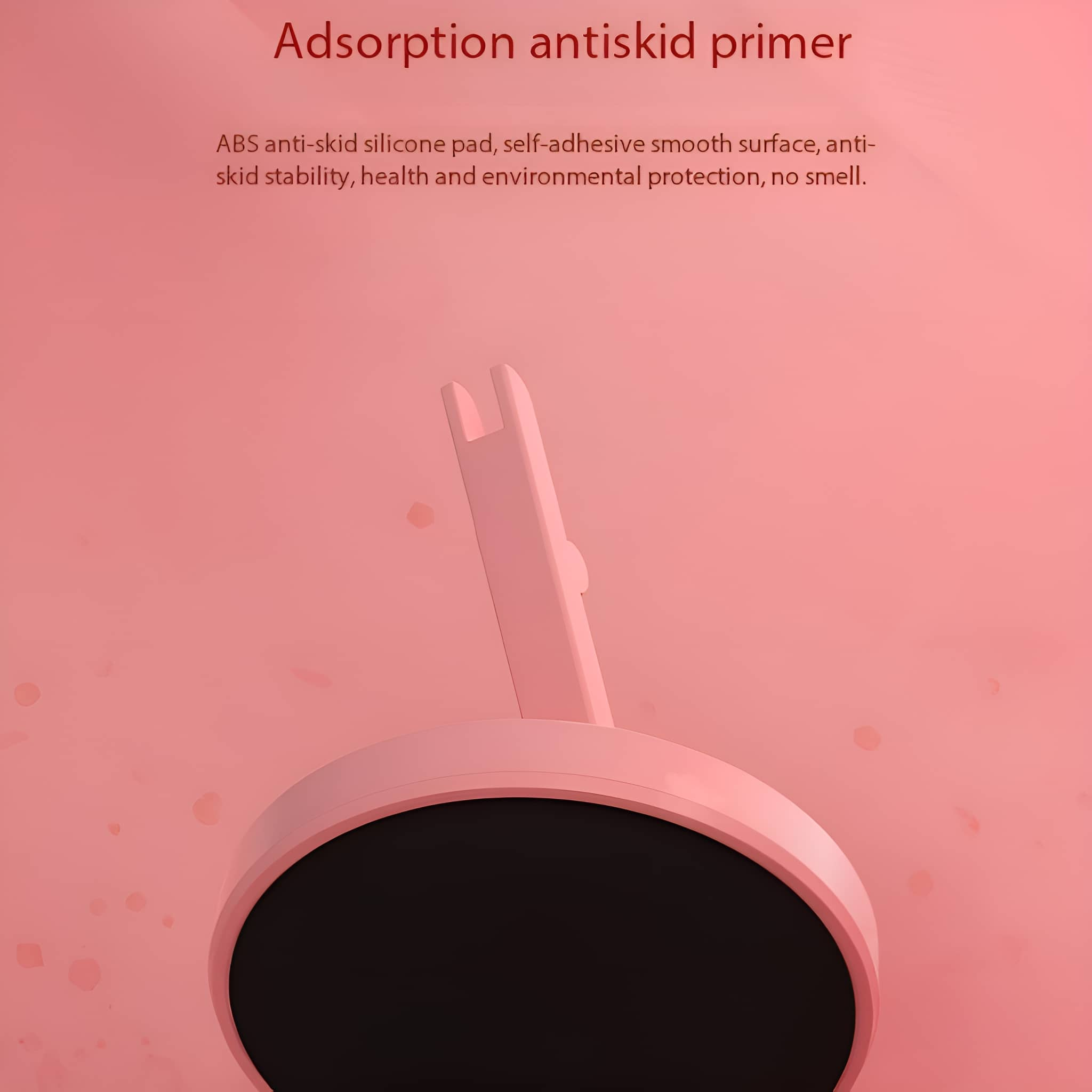 Rosa Telefonständer mit kreisförmiger Basis und gebogener Halterung.