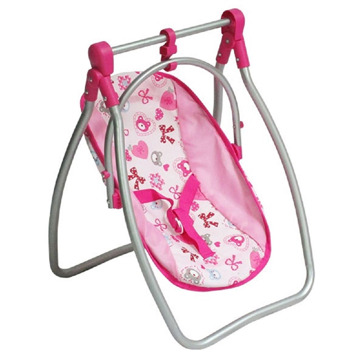 Rosa Puppen-Schaukel mit gemustertem Sitz, auf weißem Hintergrund. Metallrahmen.