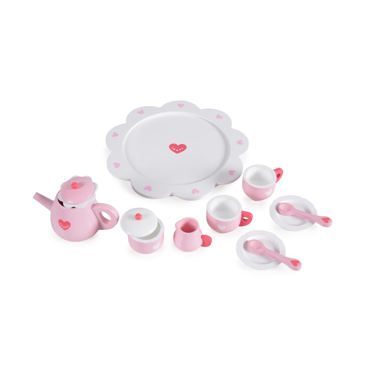 Ein rosa Spielzeug-Teeservice mit Teekanne, Zuckerdose, Tassen und Tellern.