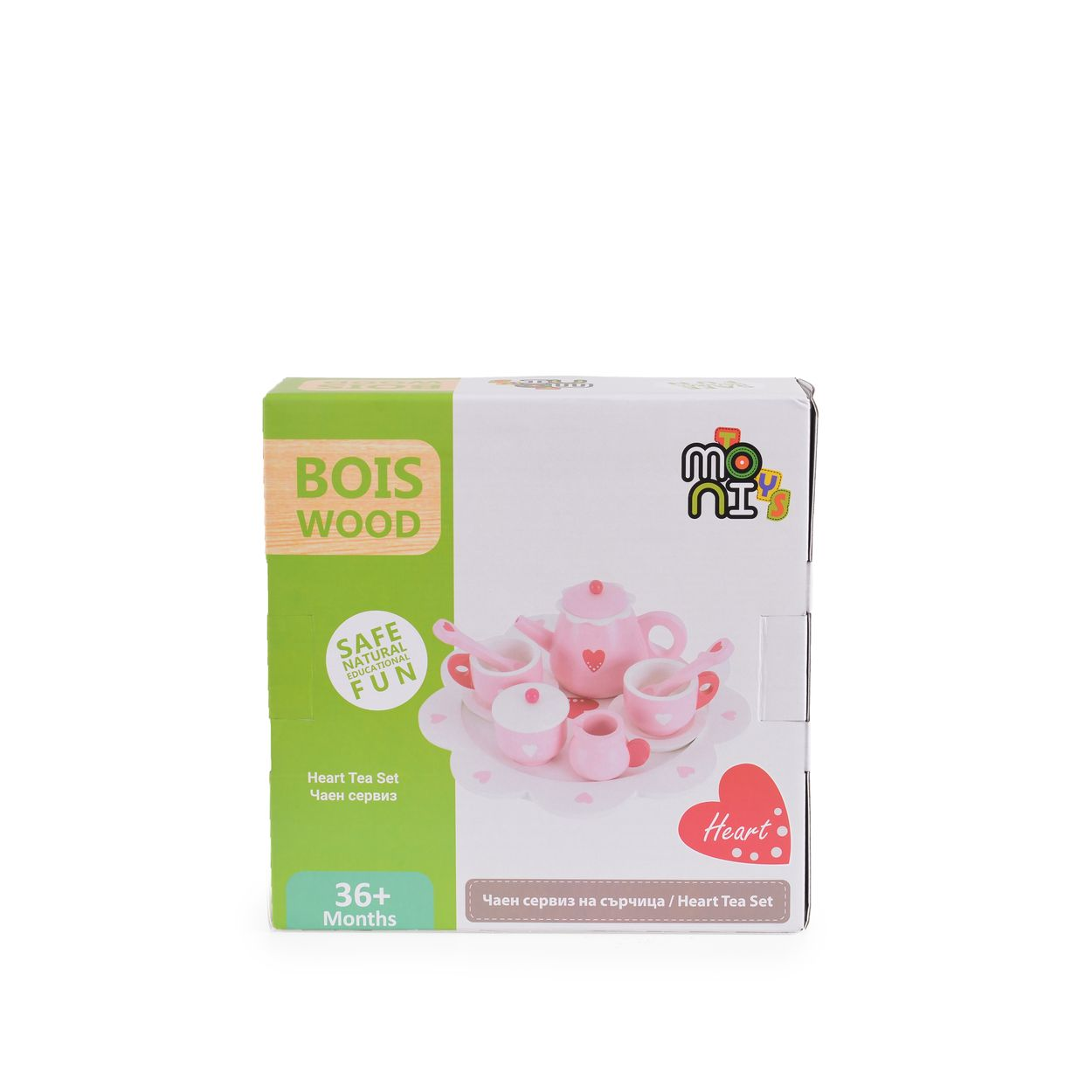 Karton für ein rosa Spielzeug-Teeservice mit Herzdesign für Kinder.