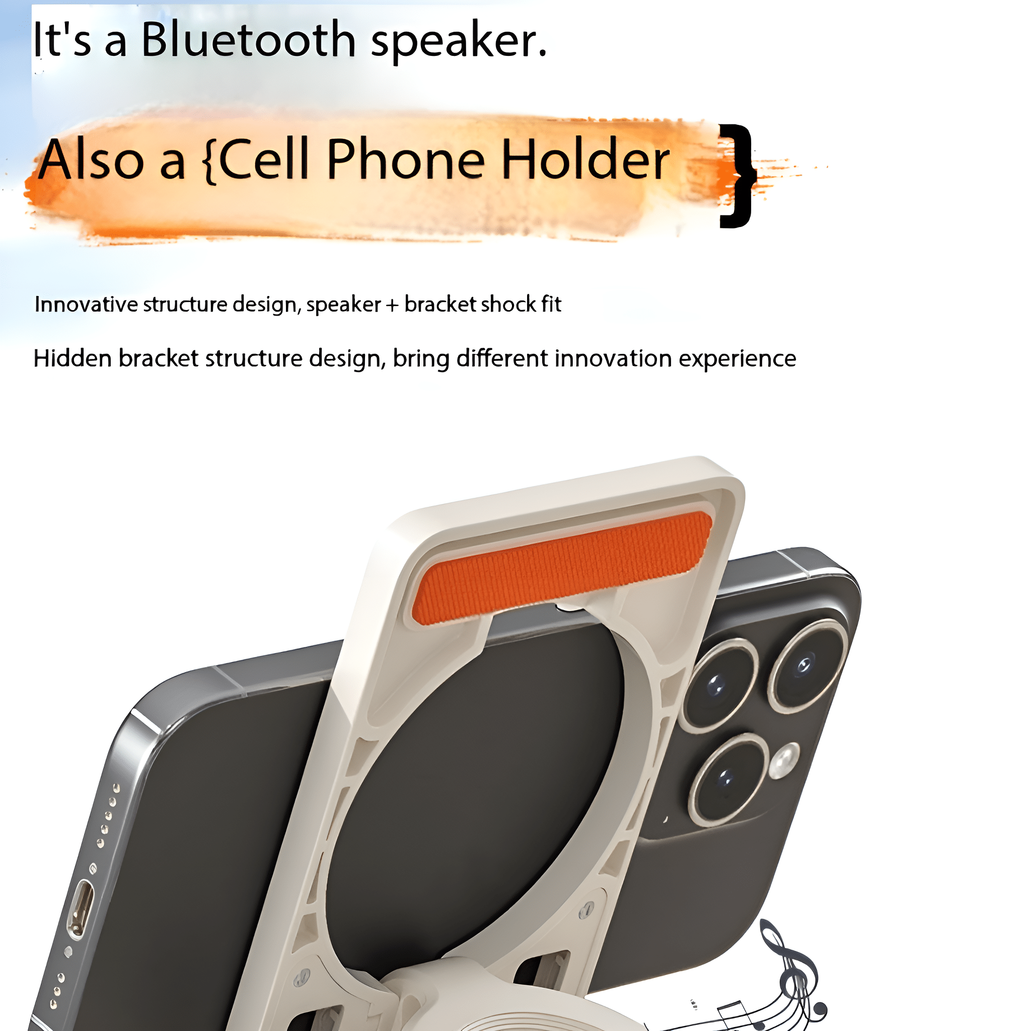 Ein Telefon in einem Ständer mit Text, es ist ein Bluetooth-Lautsprecher und Handyhalter.