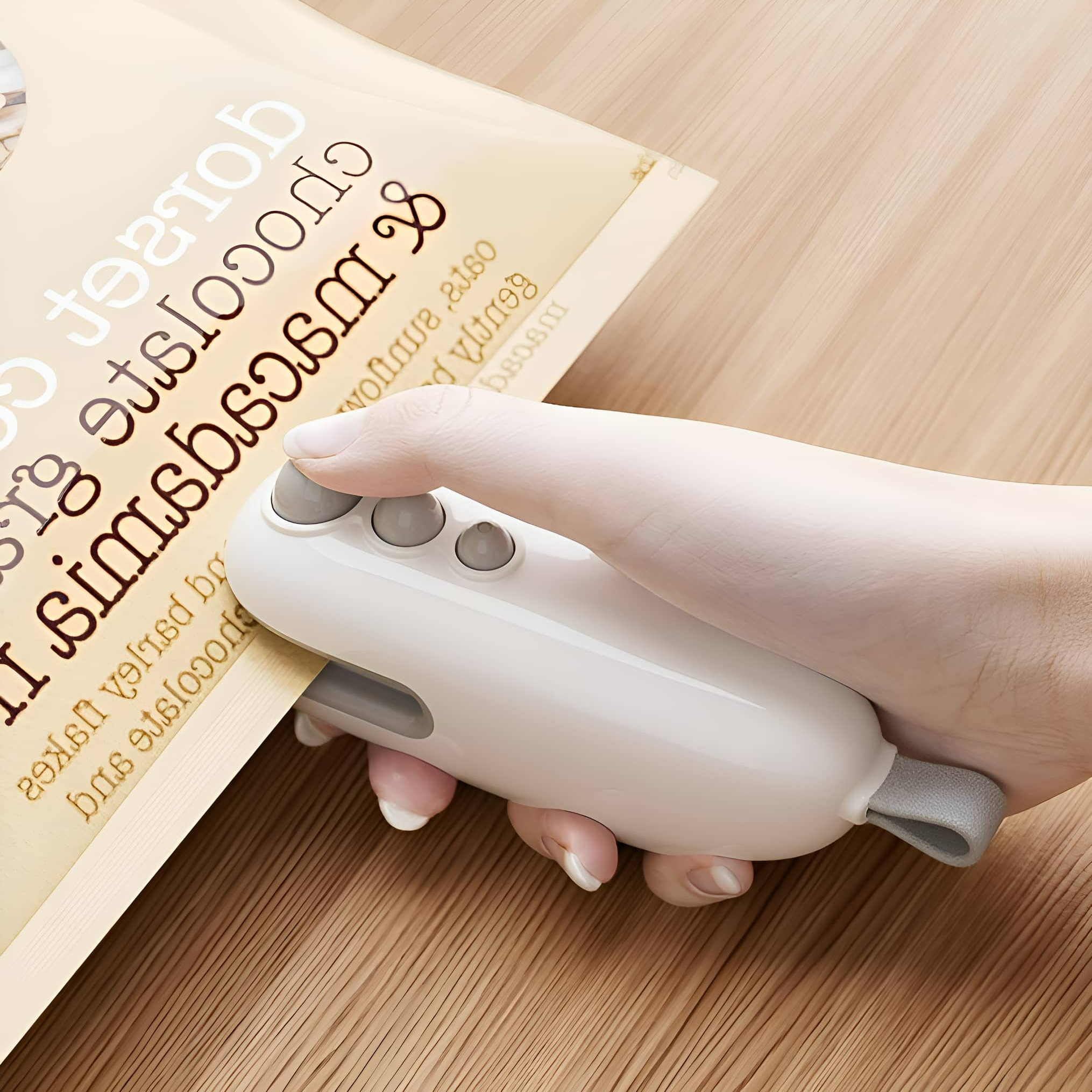 Hand verschließt eine Schokoladenpackung mit einem weißen Versiegelungsgerät und Text auf der Tüte.