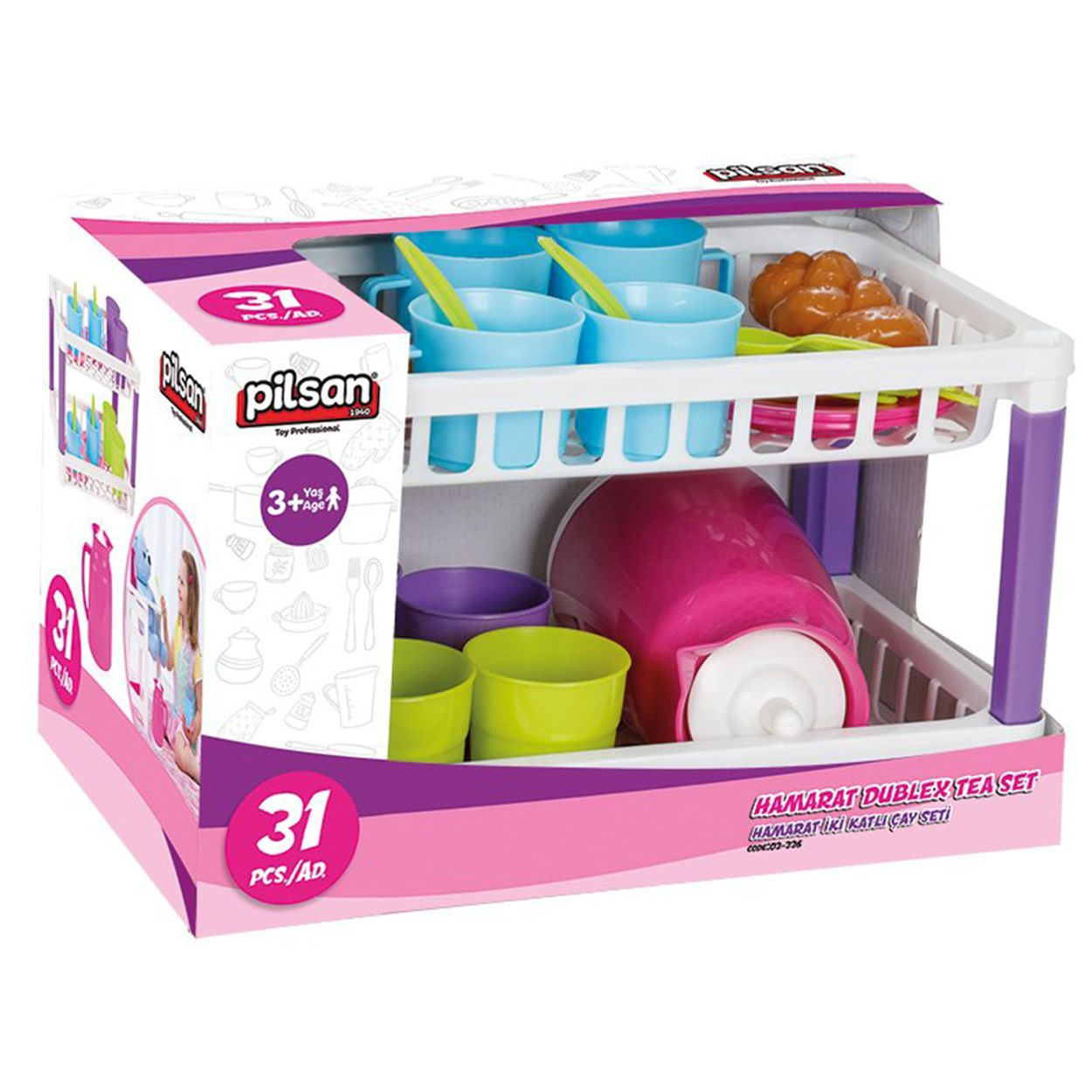 Spielzeuggeschirrset in einer Plastikbox. Es gibt Tassen, Teller und andere Küchenartikel.