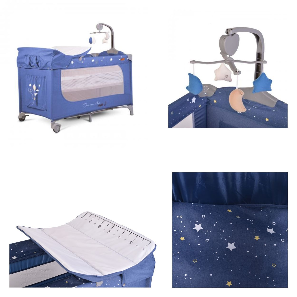 Laufgitter mit Mobile, blaue Farbe mit Sternen, und Wickeltisch.