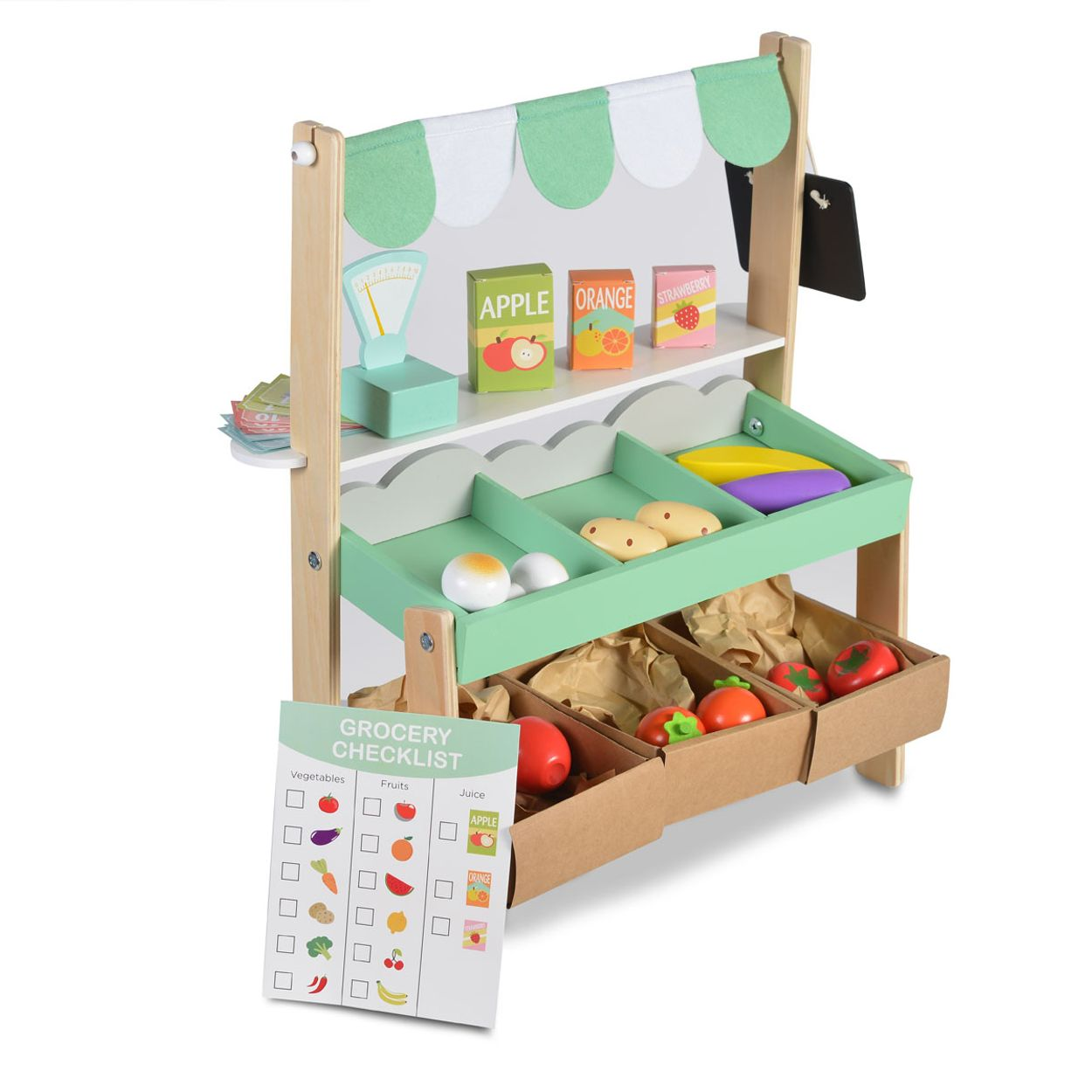 Spielzeug-Lebensmittelladen aus Holz mit Regalen, Produkten und einer Checkliste.