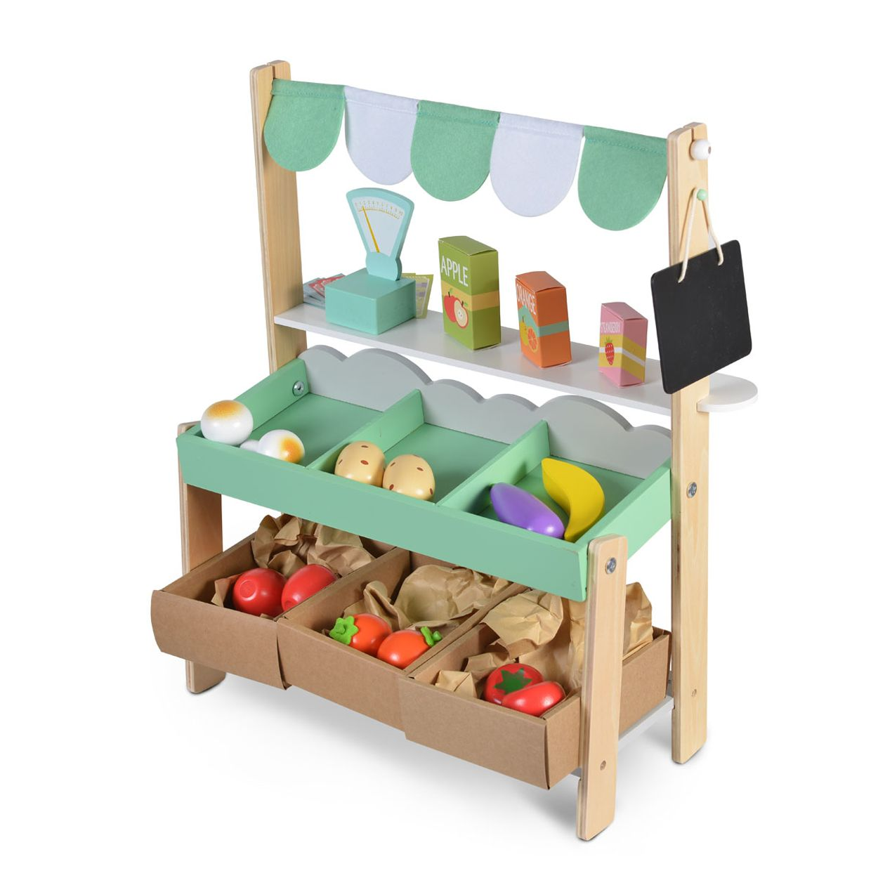Ein hölzerner Spielzeugmarktstand mit Produkten, darunter eine Waage, Obst und Gemüse.