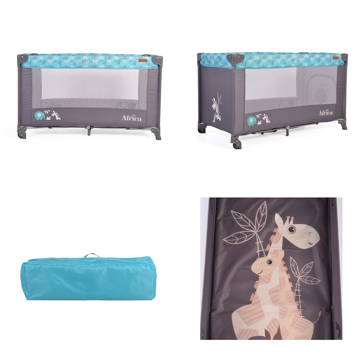 Mehrere Bilder eines Baby-Laufstalls mit Giraffen- und Zebra-Designs und einer blauen Tragetasche.
