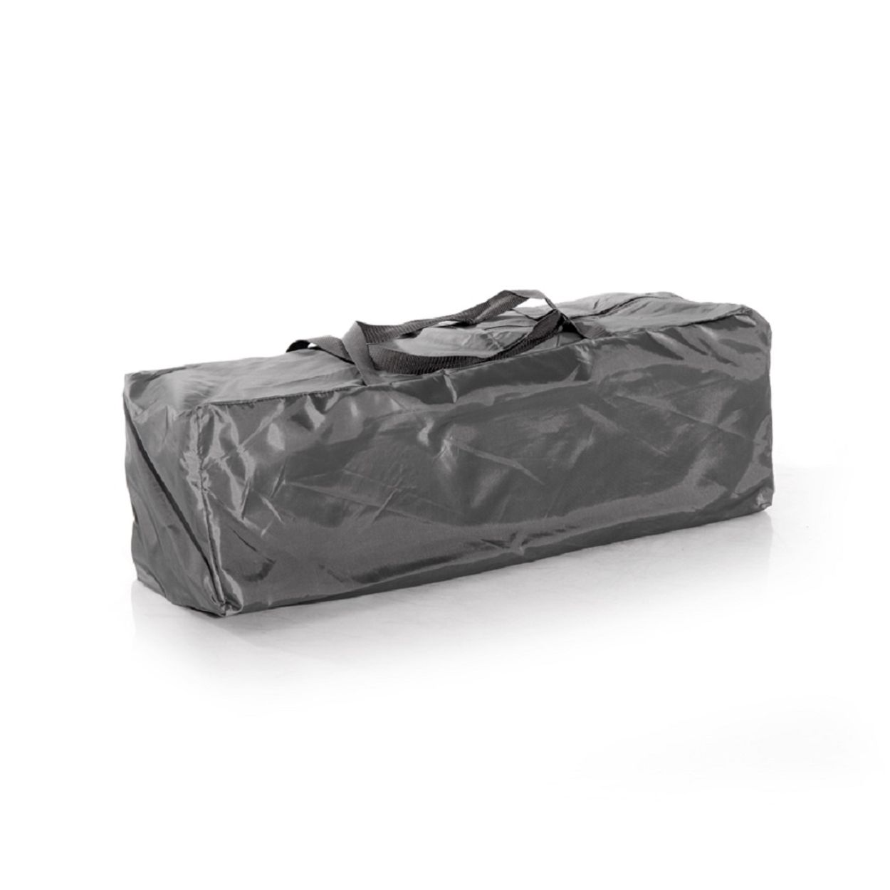 Eine graue Tasche mit Griffen liegt auf einer weißen Oberfläche.