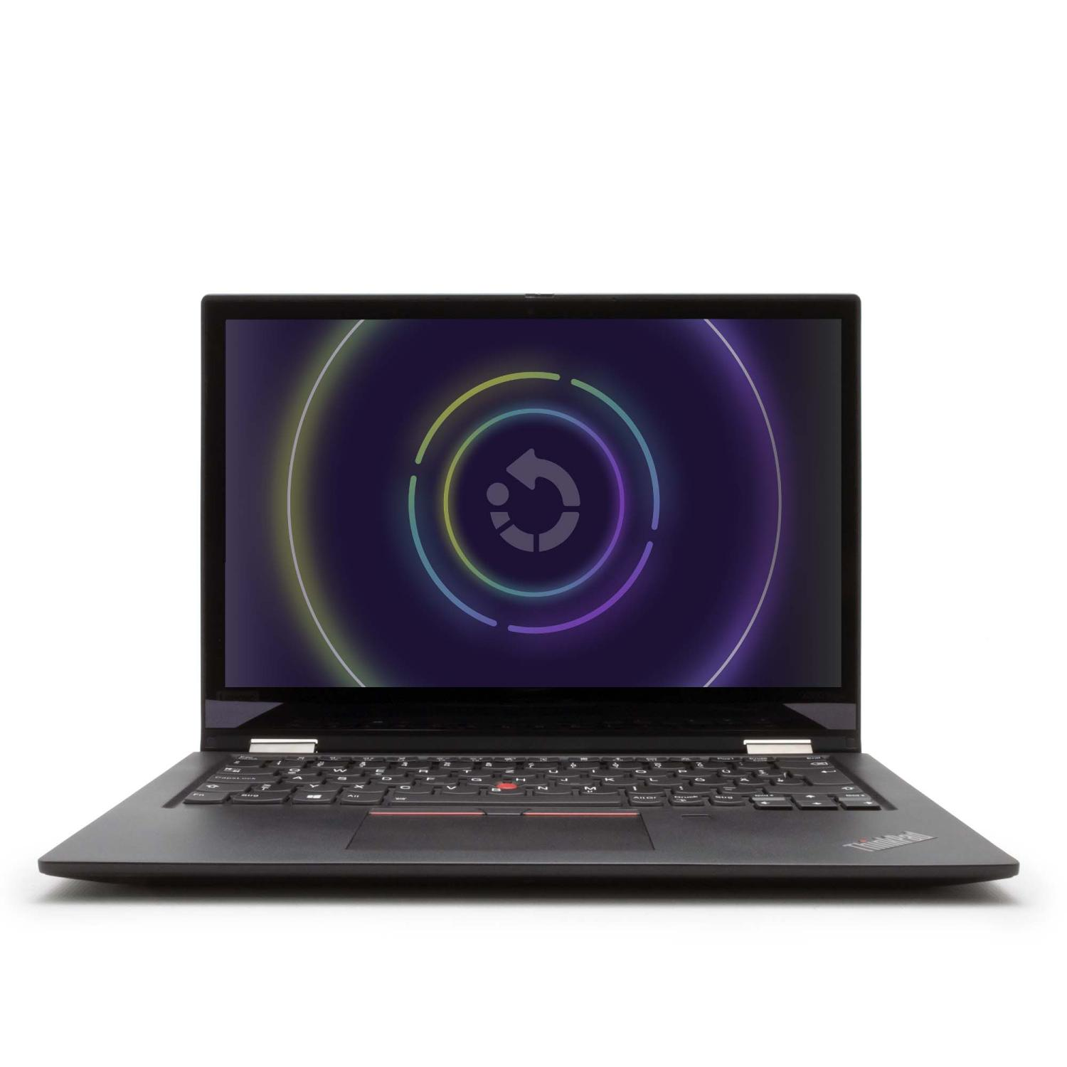 Schwarzer Laptop auf Weiß. Der Bildschirm zeigt ein Ladesymbol in der Mitte, mit lila Farbverläufen.
