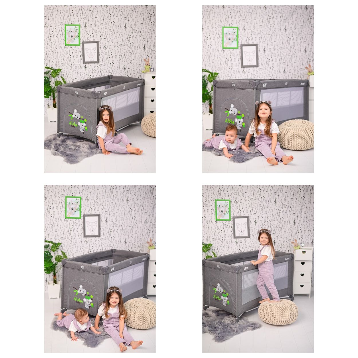 Vier Bilder von Kindern in einem grauen Laufgitter. Sie interagieren miteinander und mit Spielzeug.