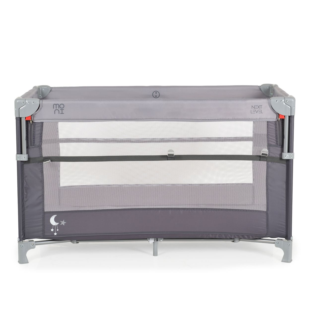 Graues Baby-Reisebett mit Mesh-Seiten.
