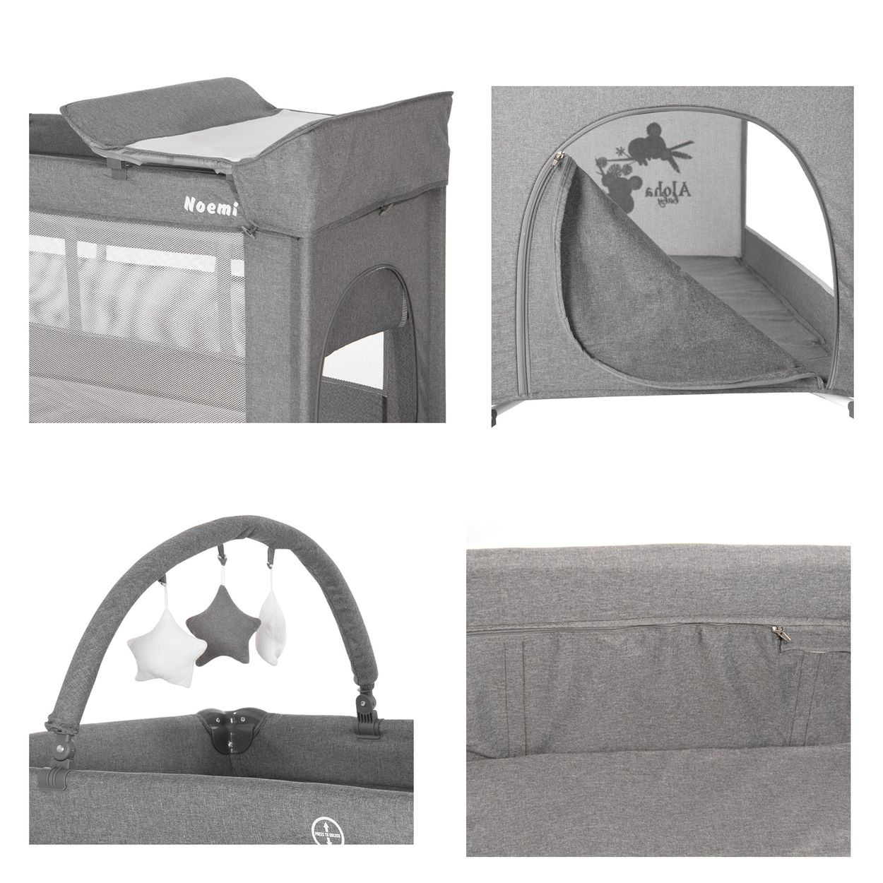 Mehrere Bilder eines grauen Baby-Laufgitters mit Wickeltisch, Mobile und anderen Details.