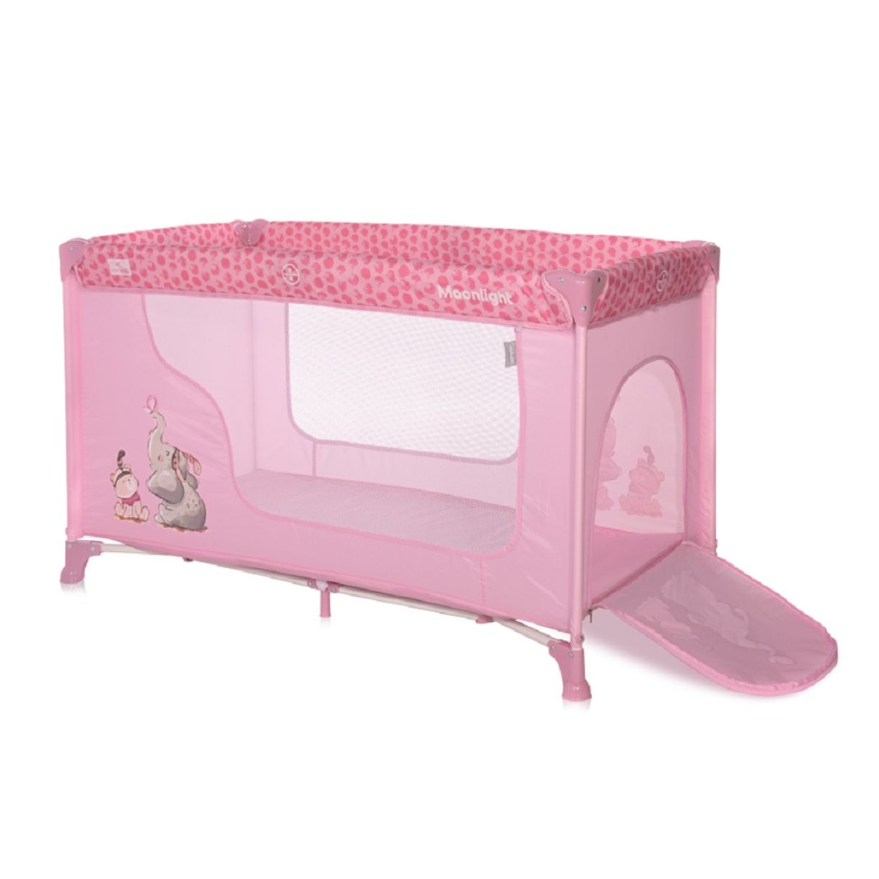 Ein rosa und weißes Laufgitter mit einer Rutsche und einem Elefanten-Design an der Seite.