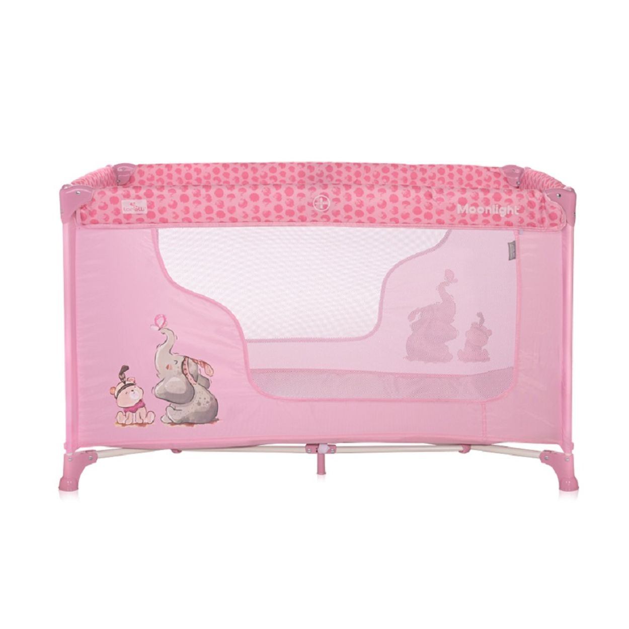 Rosa Baby-Laufstall mit Tiermotiv und Netzseiten. Marke Moonlight.
