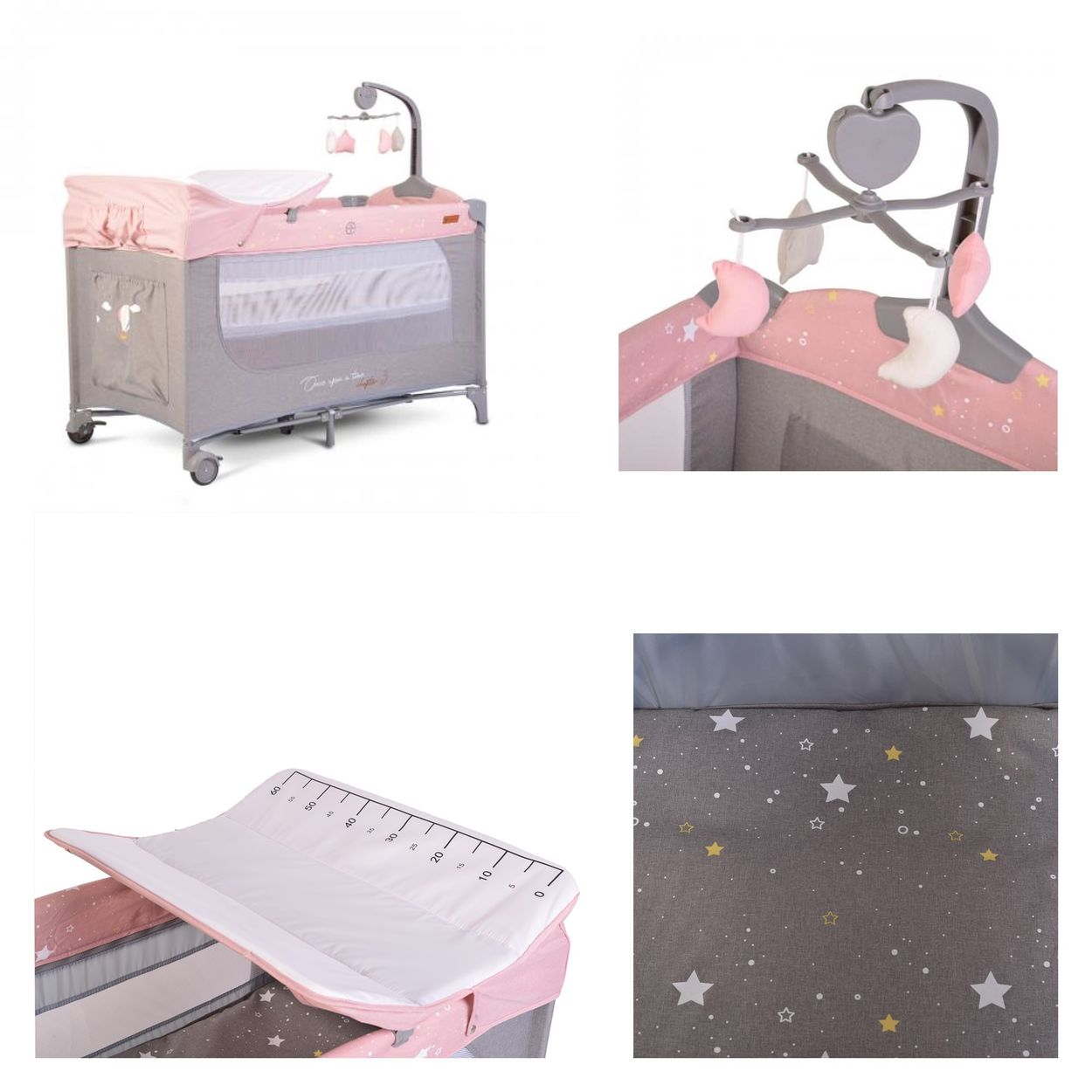Babybett mit rosa und grauen Akzenten, Wickeltisch und Mobile mit Sternen und Monden.