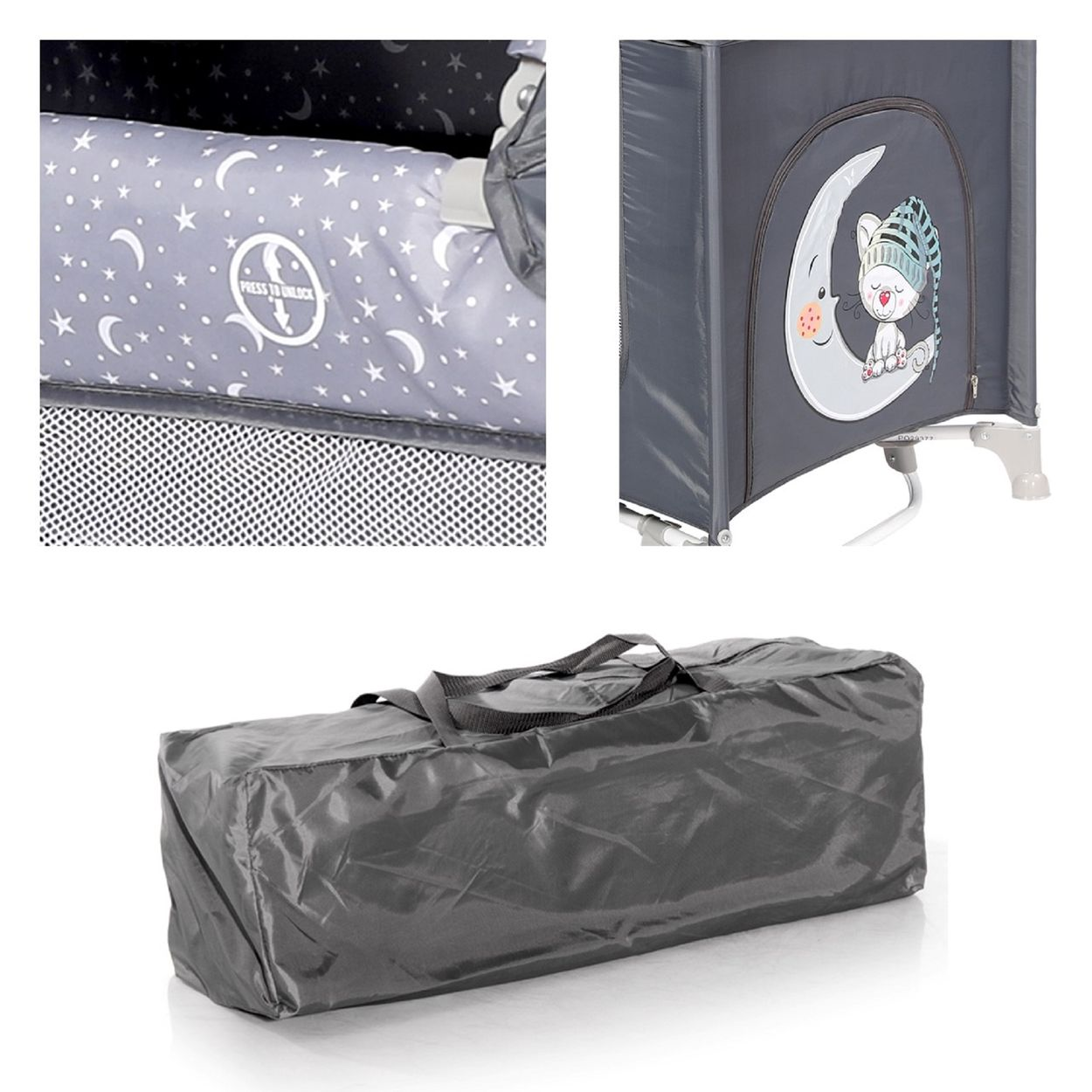 Babybett mit Mond- und Sterndesign. Inklusive Tragetasche. Nahaufnahmen sichtbar.