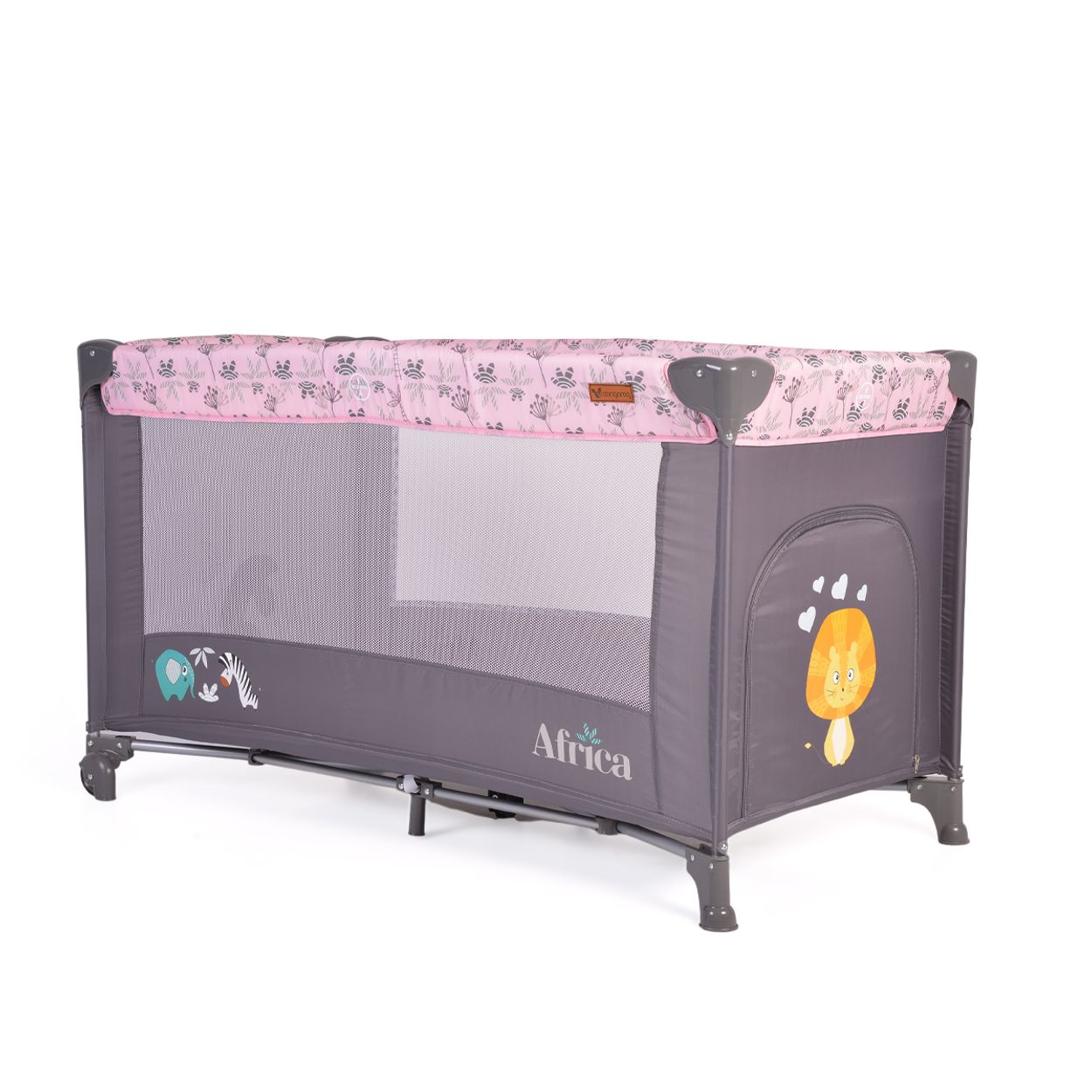 Graues Baby-Spielbett mit pinkfarbenem Blumenhimmel. Hat Mesh-Seiten und Africa-Logo, mit Zeichentier.