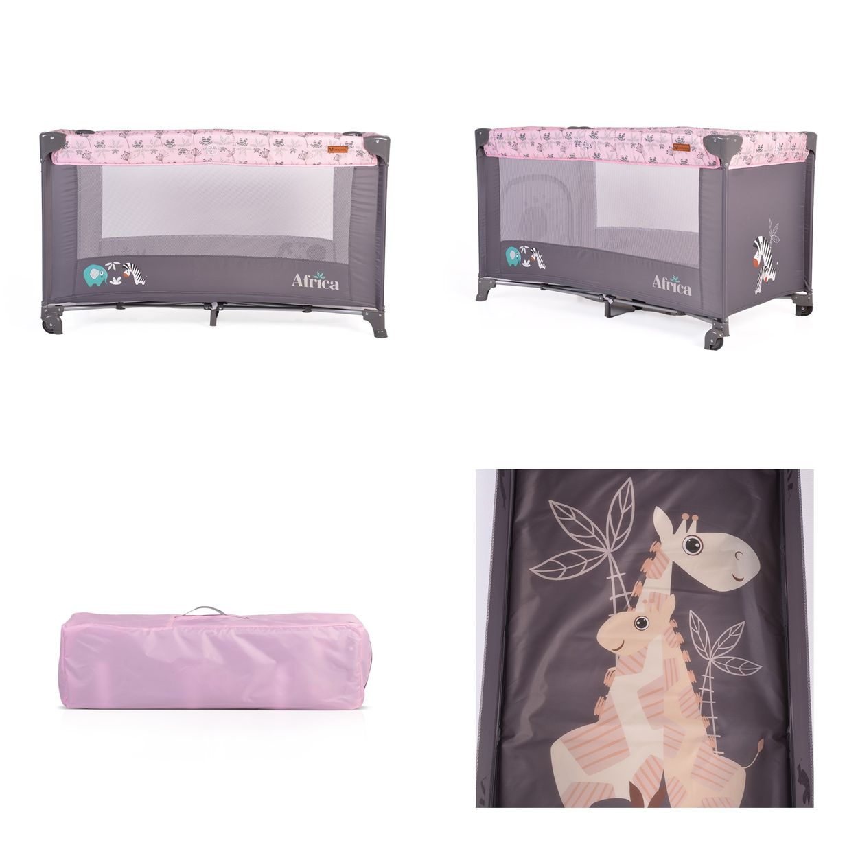 Vier Bilder eines Baby-Reisebettes. Rosa und graue Farben. Ein Kinderbett ist verpackt. Zebra- und Giraffenmuster.