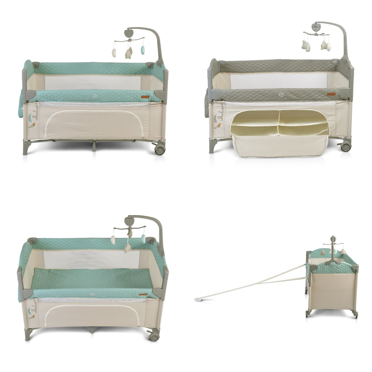 Bilder zeigen ein Babybett in mehreren Ansichten. Das Bett ist weiß und beige, mit bunten Akzenten.