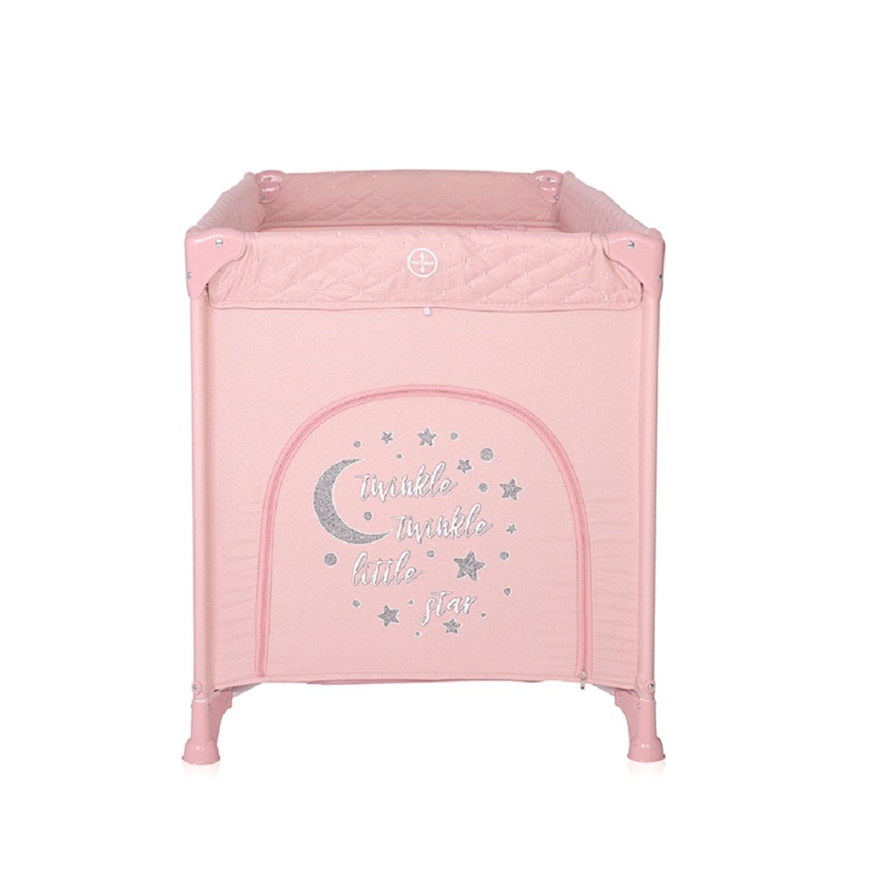 Parque infantil rosa para bebés con diseño de luna y estrellas. El parque tiene una parte superior acolchada.