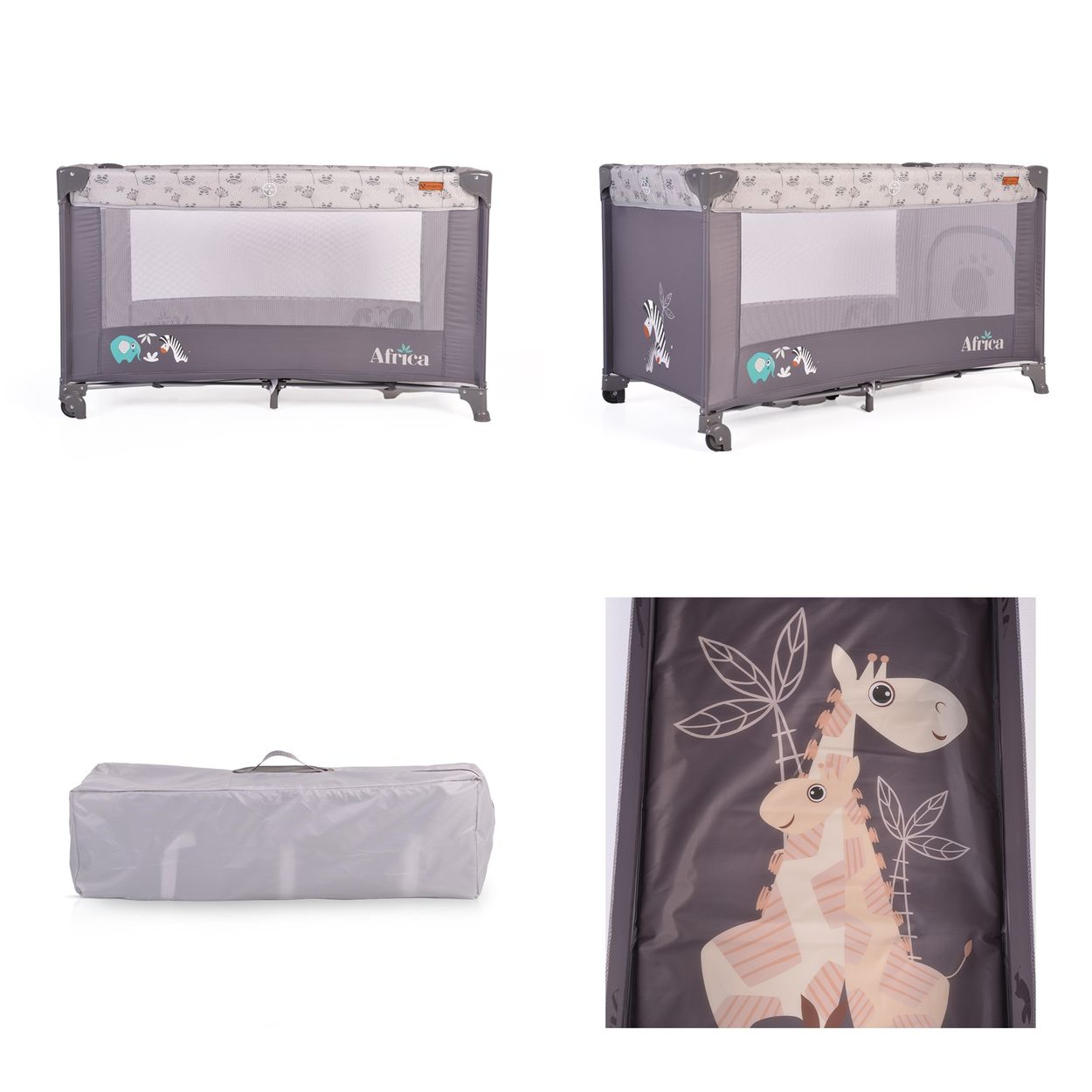 Ein graues Baby-Reisebett mit Cartoon-Grafiken von Tieren, mit einer Tasche im Hintergrund.