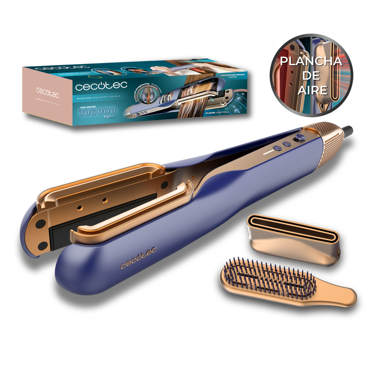 Plancha de pelo CECOTEC RitualCare Air Lisse 2in1 Blue, Cerámica, 1000 W,  150 °C, Blanco