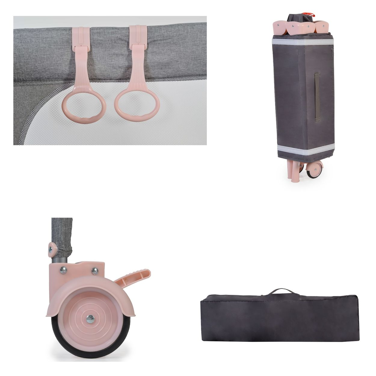 Rosa Babybettteile: Hängespielzeug, Rad und eine gefaltete Tasche.