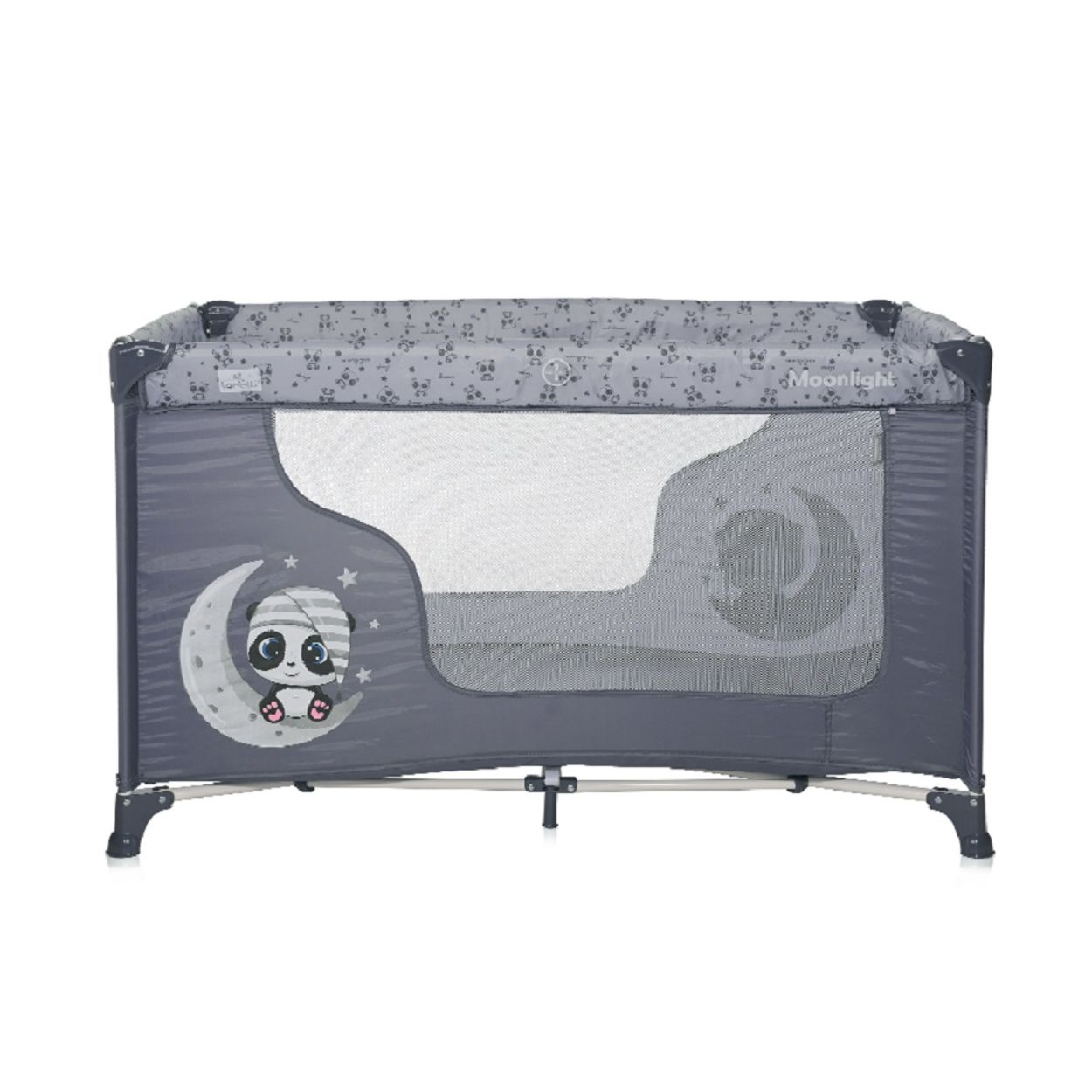 Ein graues Baby-Reisebett mit Panda-Design an der Seite.