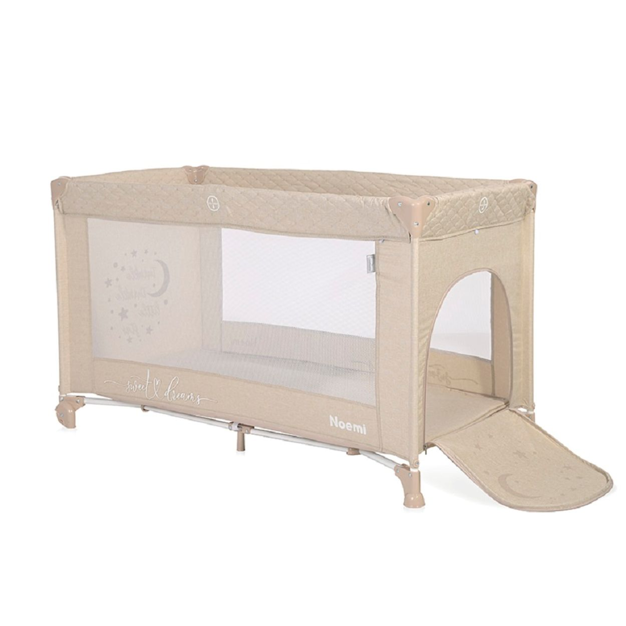 Beiges Babyreisebett mit Netzseite, Mond- und Sterndesign, offenem Eingang.