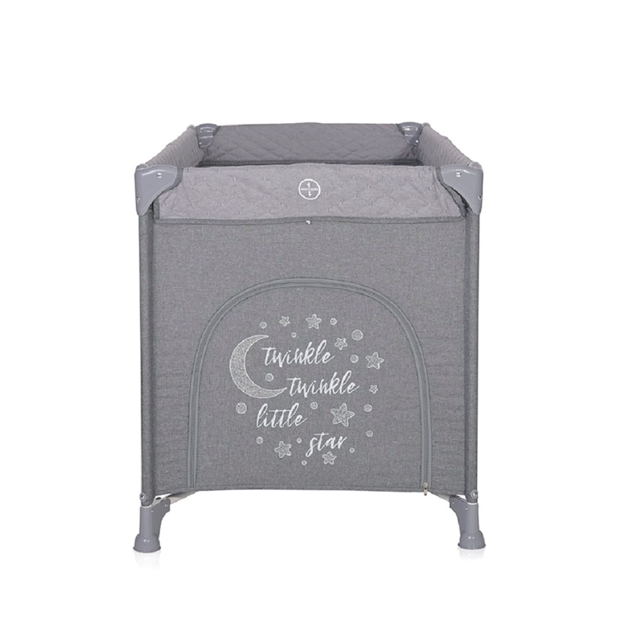 Ein graues Baby-Laufgitter mit Mond- und Stern-Design und den Worten 'Twinkle Twinkle Little Star'.