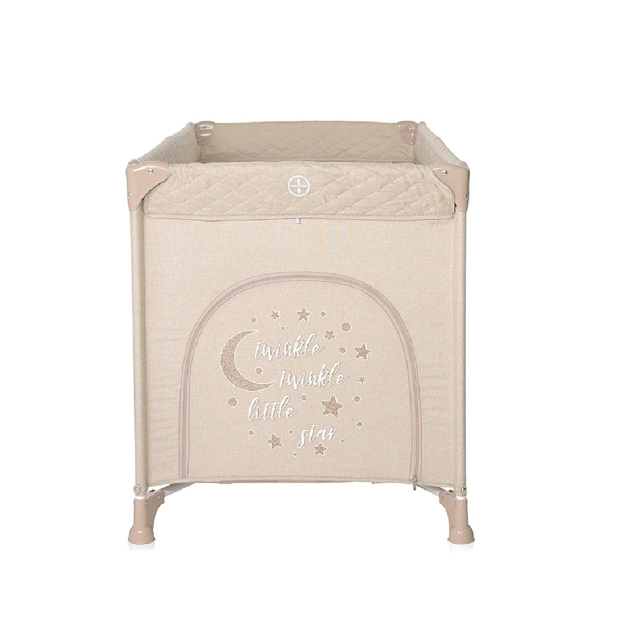 Beiges Baby-Laufgitter mit Mond- und Sterndesign. Es hat ein gepolstertes Oberteil und Beine.