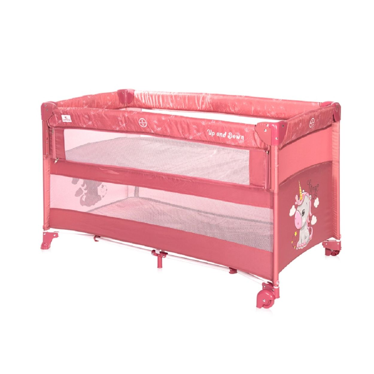Ein pinkfarbener Babyspielplatz mit Einhorndesign, sichtbaren Netzseiten und Rädern für Mobilität.